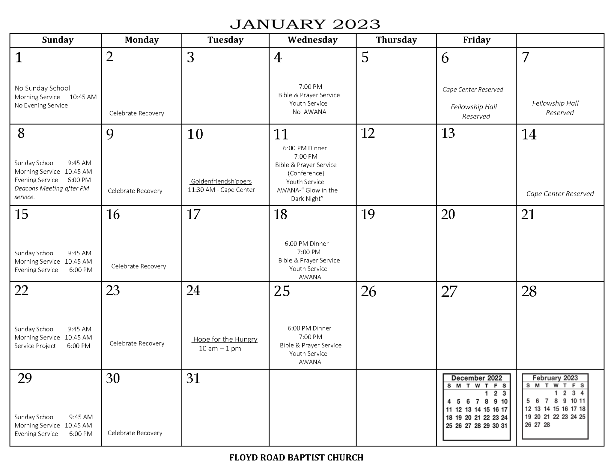 Bulletin And Calendar - Floyd Road Baptist Church - Austell, Ga